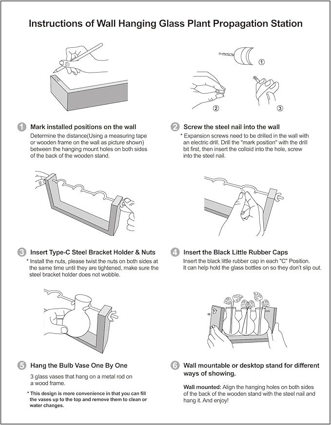 Ivolador Plant Terrarium, Wall Hanging Glass Planter with Wooden Stand Tabletop Propagation Station with Metal Swivel Holder Retro Rack 3 Bulb Containers for Hydroponics Plants Home Office Decor