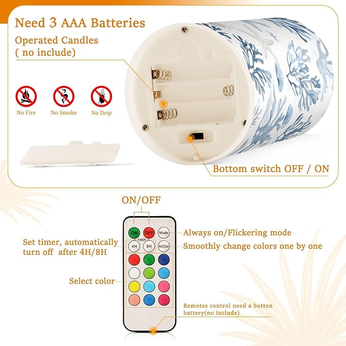 ALAZA Coastal Sea Star Coral Nautical Flickering Flameless Candles Battery Operated with Remote Timer,Tea Light Candles LED Pillar Votive Candles Set of 2 for Outdoor Indoor Decorations