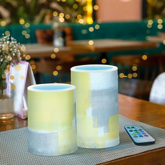 ALAZA Grey and Yellow Abstract Art Painting Flickering Flameless Candles Battery Operated with Remote Timer,Tea Light Candles LED Pillar Votive Candles Set of 2 for Outdoor Indoor Decorations