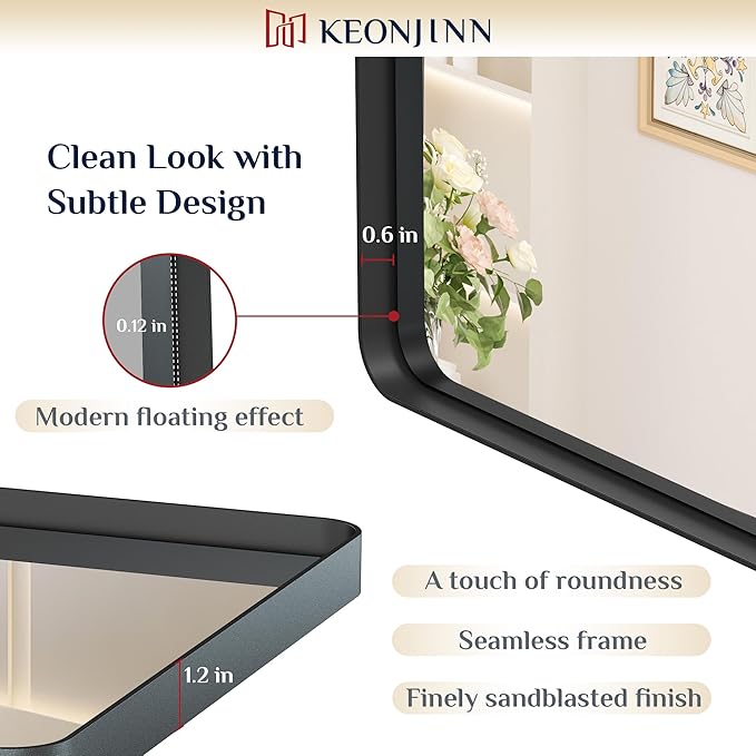 Keonjinn Black Bathroom Mirror for Vanity 24 x 36 Inch Metal Framed Wall Mirror Matte Black Rounded Rectangle Farmhouse Mirror, HD Tempered Glass, Wall-Mounted Decorative Mirrors(Horizontal/Vertical)
