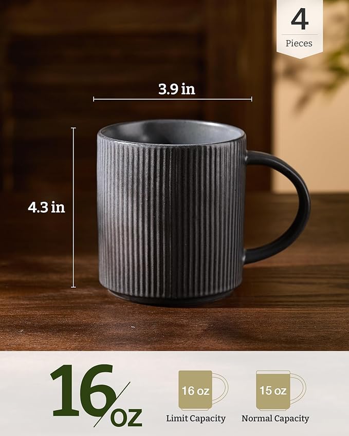 famiware Coffee Mug Set for 4, Star 16 oz Catering Mugs Cup Set with Handle for Coffee, Tea, Cocoa, Milk - Ceramic Stoneware Drinkware Set, Matte White + Matte Dark Charcoal