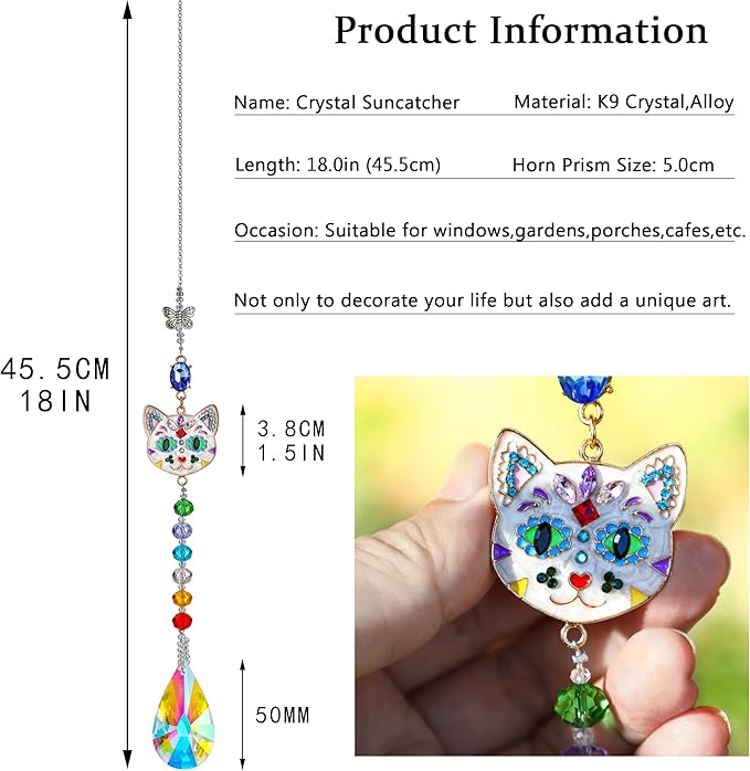 Crystal Rhinestones Suncatcher Cat Face Shaped with Butterfly Window Hang Pendant, Rainbow Crystal Colorful Prisms Ornament Gift Christmas Tree Decoration