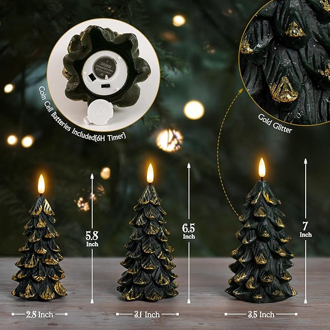 Green Christmas Tree Shaped Flameless Candles with Timer, Real Wax 3D Wick Flickering Battery Operated LED Candles for Christmas Home Party Decoration Set of 3