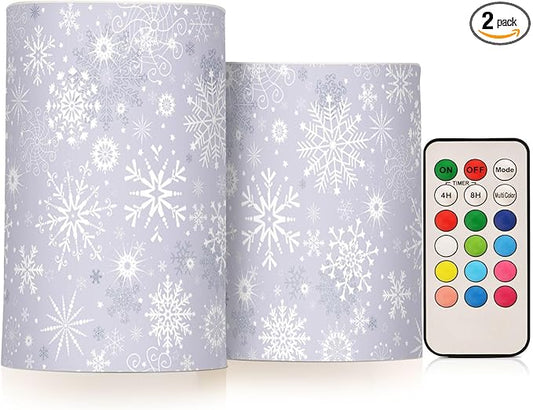 ALAZA Gray White Winter Snowflakes Christmas Flickering Flameless Candles Battery Operated with Remote Timer,Tea Light Candles LED Pillar Votive Candles Set of 2 for Outdoor Indoor Decorations