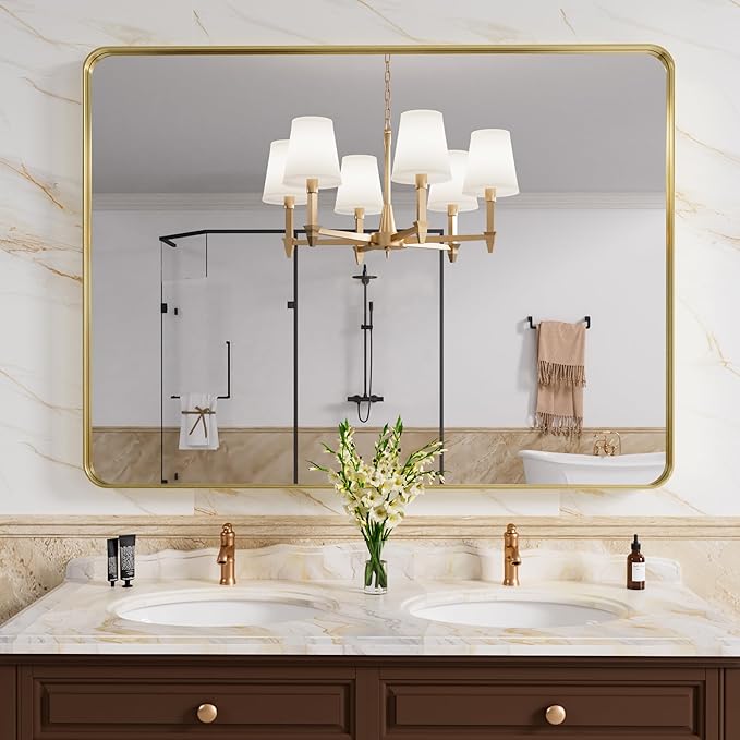 Gold Bathroom Mirror, 40x30 Inch Brushed Gold Metal Frame Mirror for Wall, Rounded Rectangle Bathroom Vanity Mirror, Tempered Glass, Anti-Rust, Horizontal/Vertical