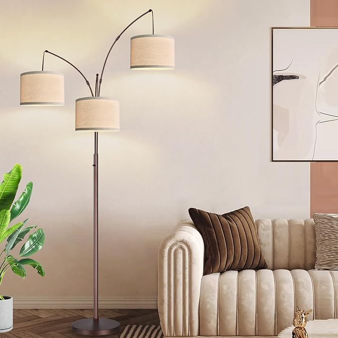 Dimmable Floor Lamp - 3 Lights Arc Floor Lamps for Living Room, 1000LM Modern Tall Standing Lamp With Beige Shades, Mid Century Tree Floor Lamp for Bedroom Office, 3 LED Bulbs Included - Brown