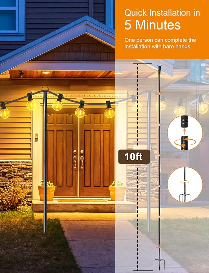 2 Pack String Light Poles for Outside, Thickened Metal Lights Hanger Pole Outdoor with Fork, Lighting Hanging Post Accessories for Patio Decor Garden Backyard Yard Front Porch Outside Decorations