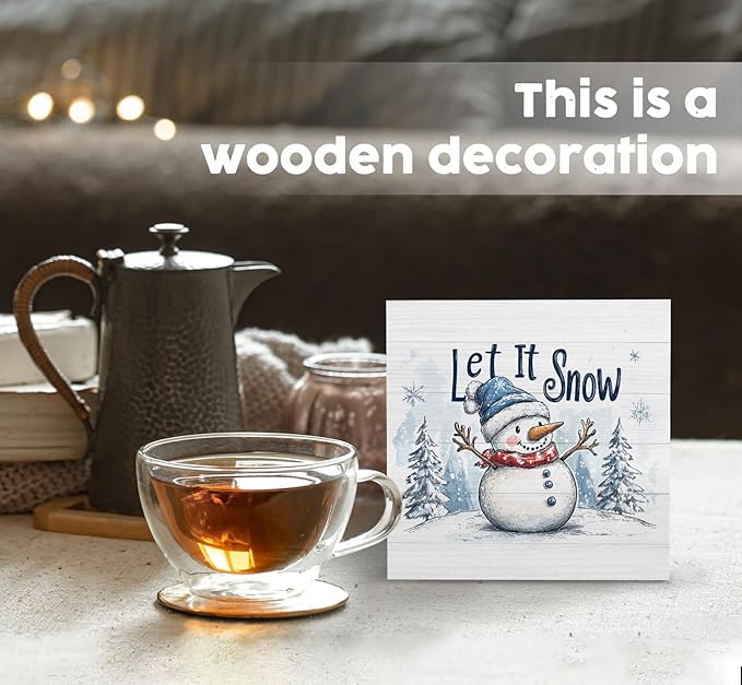 Let It Snow Sign, Christmas Snowman Wooden Box Sign, Farmhouse Winter Wood Signs For Home Office Desk Shelf Table Decor, Snowman Christmas Decorations, Winter Home Decor, 5x5 Inch