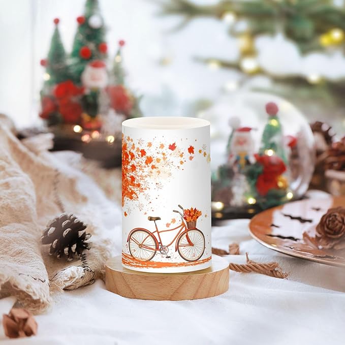 ALAZA Autumn Fall Tree and A Bicycle Thanksgiving Flickering Flameless Candles Battery Operated with Remote Timer,Tea Light Candles LED Pillar Votive Candles Set of 2 for Outdoor Indoor Decorations