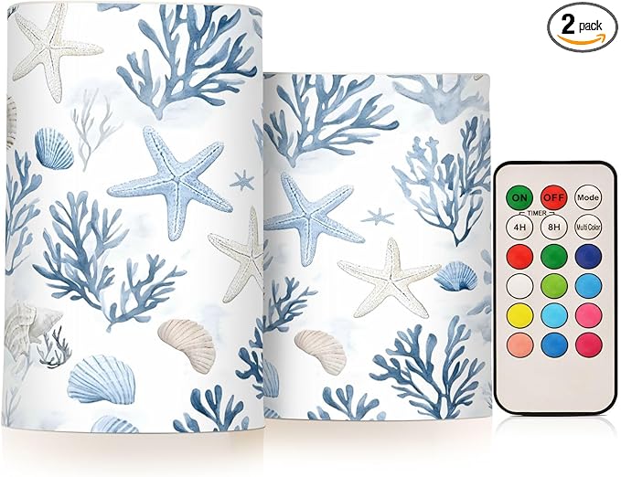 ALAZA Coastal Sea Star Coral Nautical Flickering Flameless Candles Battery Operated with Remote Timer,Tea Light Candles LED Pillar Votive Candles Set of 2 for Outdoor Indoor Decorations