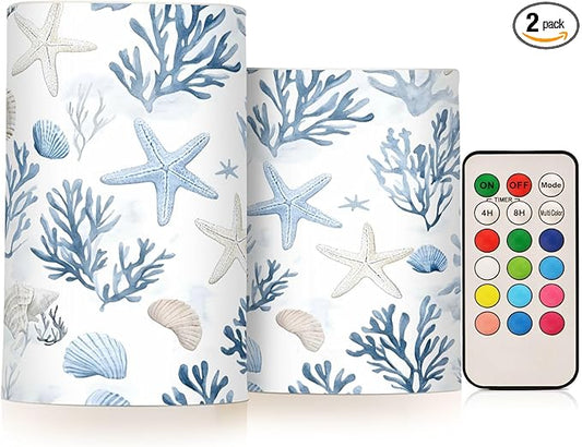 ALAZA Coastal Sea Star Coral Nautical Flickering Flameless Candles Battery Operated with Remote Timer,Tea Light Candles LED Pillar Votive Candles Set of 2 for Outdoor Indoor Decorations