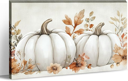 Fall Canvas Wall Art White Pumpkin Picture Wall Decor Maple Leaf Prints Autumn Harvest Thanksgiving Vintage Painting for Home Decor Framed(Picture-2,12.00"x18.00")