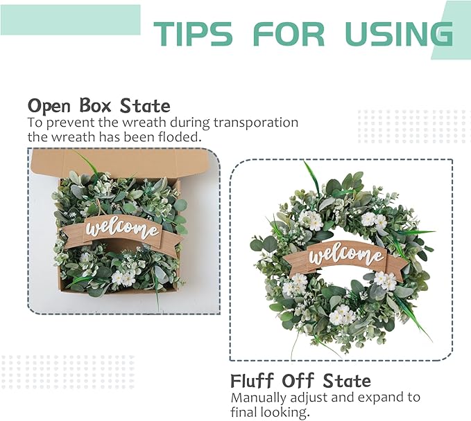 24 Inch Spring Everyday Lamb Ear Green Leaves Wreath for Front Door, Artificial Boxwood Leaves White Wild Flower Wreath for Indoor Outdoor, Welcome Wood Sign Flower