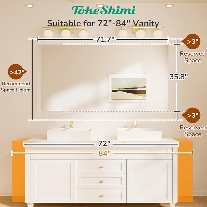 TokeShimi 72x36 Frameless Bathroom Vanity Mirrors for Over Sink, Modern Rectangle Bathroom Mirrors for Wall with Polished Edge Shatterproof Decorative Mirror for Bedroom, Living Room, Entryway