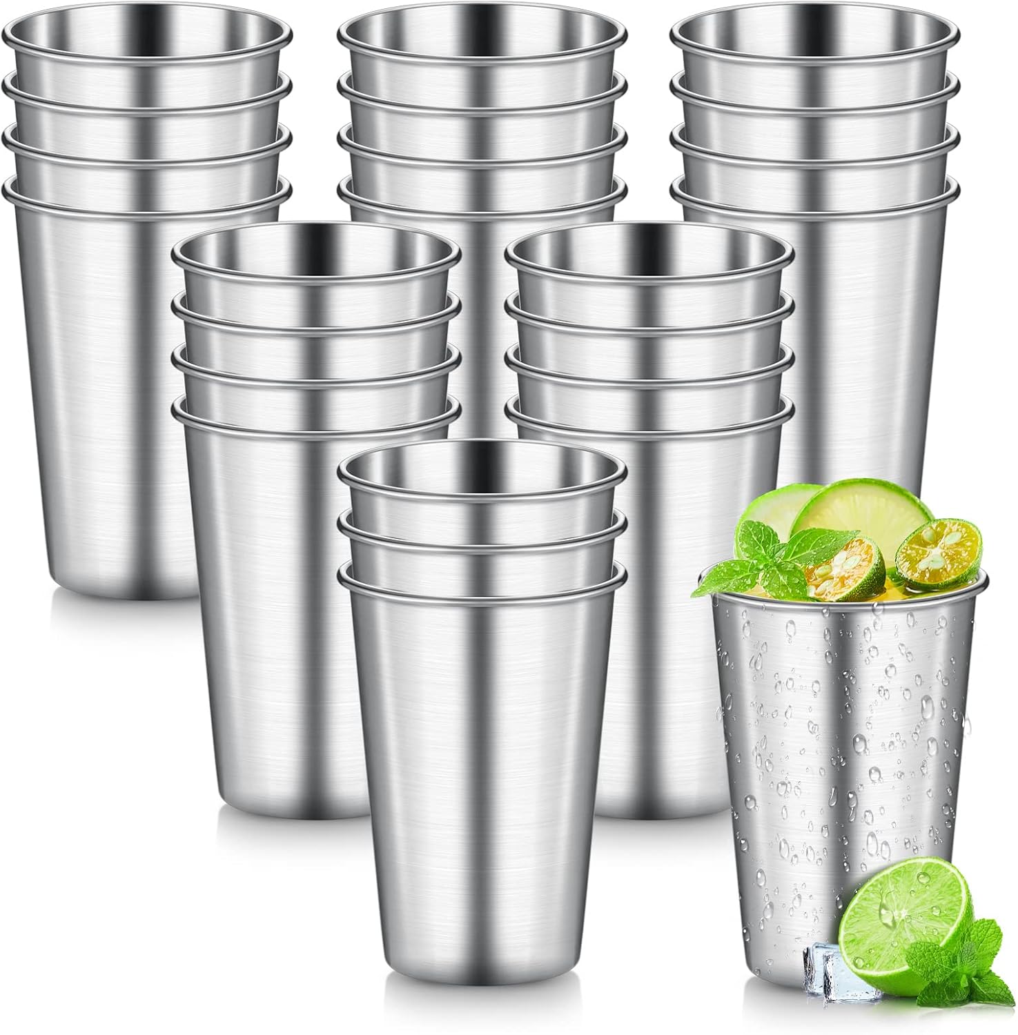 Lallisa 24 Pcs Stainless Steel Cups 16 oz Pint Cup Tumbler Shatterproof Metal Cups Unbreakable Stackable Glasses Metal Drinking Glasses for Kids Adults Coffee Beer Bar Home Travel Outdoor Camping