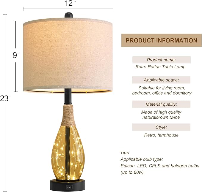 OYEARS 23" Table Lamps for Living Room Set of 2 Bedside Lamps for Night Stands Bedroom Lamps Farmhouse Rattan Boho Lamp Glass Nightlight End Table Lamp,Two Light Points