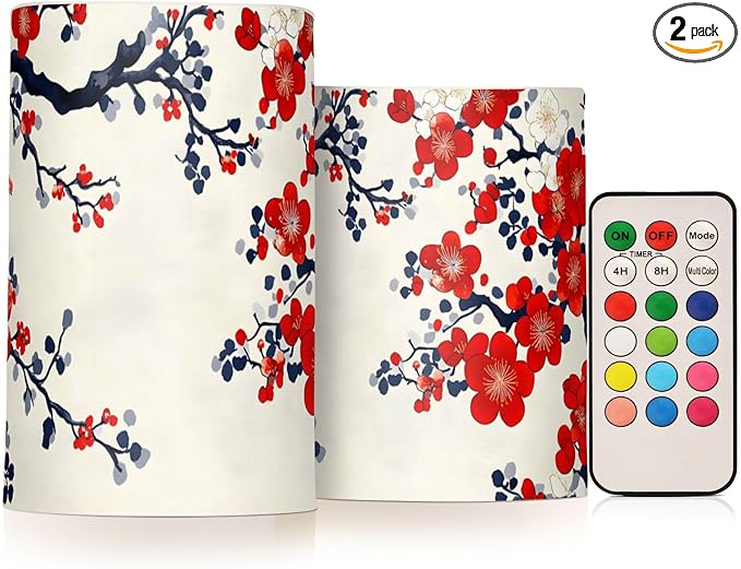 ALAZA Chinese Art Cherry Blossom Flickering Flameless Candles Battery Operated with Remote Timer,Tea Light Candles LED Pillar Votive Candles Set of 2 for Outdoor Indoor Decorations