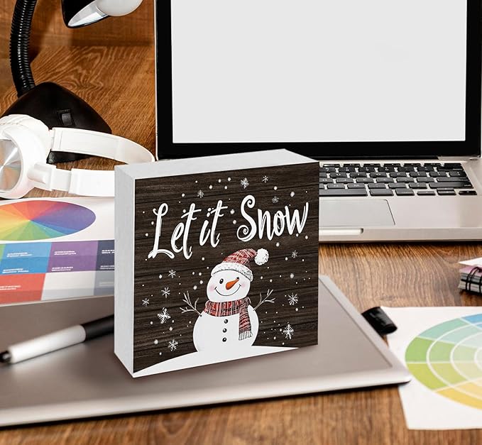 Let It Snow Sign, Christmas Snowman Snowflake Wooden Box Sign, Snowman Christmas Decorations, Winter Wood Signs for Home Office Desk Table Shelf Decor, 8x8 Inch
