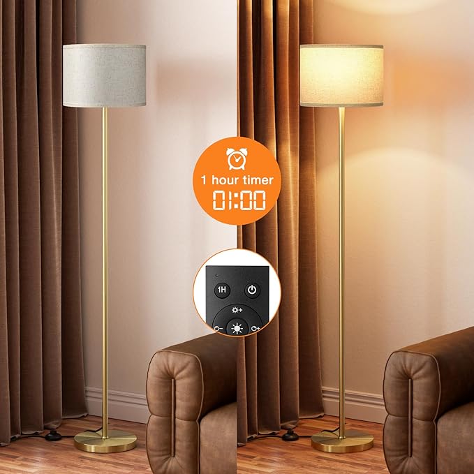 Ambimall 60'' Modern Floor Lamp with Remote, Tall Lamps for Living Room, Bedroom, Office, Dining Room, Beige Shade with Gold Pole(Included Bulb)