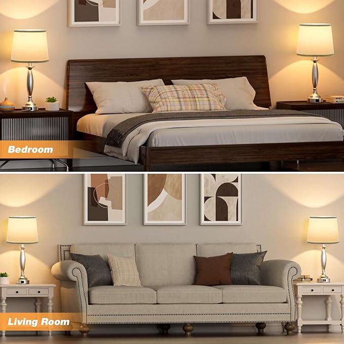 Bedrooms Touch Control Bedside Lamp with USB C+A, 3 Way Dimmable Nightstand Lamps with USB Port, Brushed Nickel Table Lamp for Living Room Guest Room Bed Side End Table, Set of 2