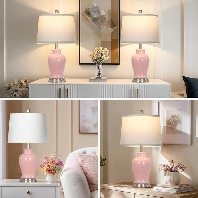 23" Pink Ceramic Table Lamps for Living Room, Modern Ceramic Lamps with Ginger Jar Design, Cute Bedside Lamp Set of 2, Elegant Bedroom Lamp for Nightstand Dining Room Side End Table Homedecor