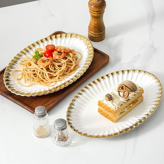 Serving Platters, Ceramic Oval Serving Platters,12 Inch Serving Dishes/Trays for Party Entertaining, Porcelain White Dinner Plates with Gold Trim for Sandwich, Appetizer, Fruit, Desserts, Set of 2