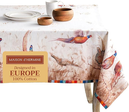 Maison d' Hermine Table Cloth Square Table 100% Cotton 60 x 60 Inches Fall Tablecloth Reusable Everyday Use for Thanksgiving Christmas Decorations Dining Farmhouse Party (Faisan D'Automne)