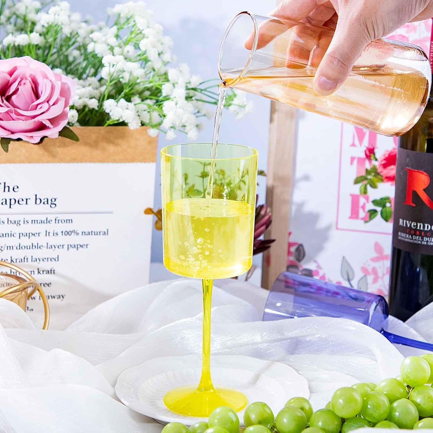 Ciaell 4 Pack Plastic Wine Glasses - 10 Oz Plastic Wine Glasses with Stem - Disposable Wine Glasses Perfect for Parties & Weddings & Poolside & Outdoors & Camping(Pink Green Purple Yellow)