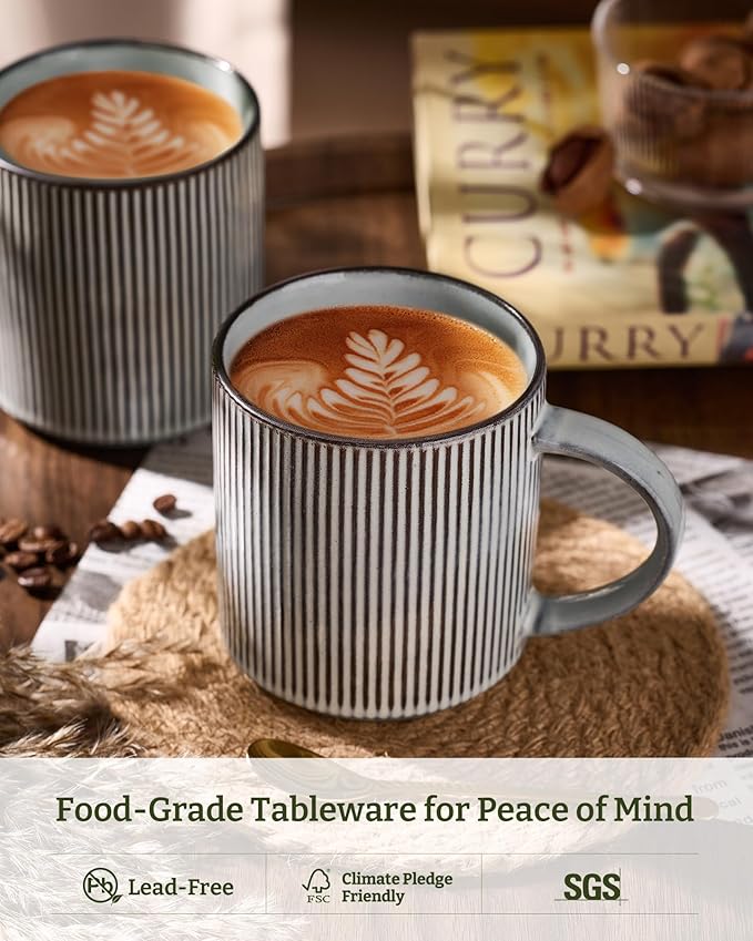 famiware Coffee Mug Set for 6, Star 16 oz Catering Mugs Cup Set with Handle for Coffee, Tea, Cocoa, Milk - Ceramic Stoneware Drinkware Set, Smoky Blue