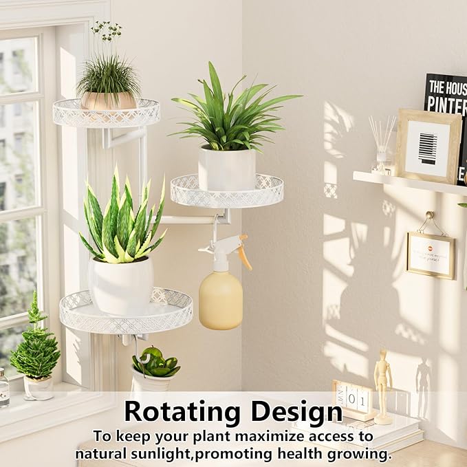 OVICAR Rotating Window Plant Shelves - Indoor Wall Plant Stand 3-Tier Floral Metal Window Shelf Holder for Multiple Plants with Hanging Hooks Home Decor White