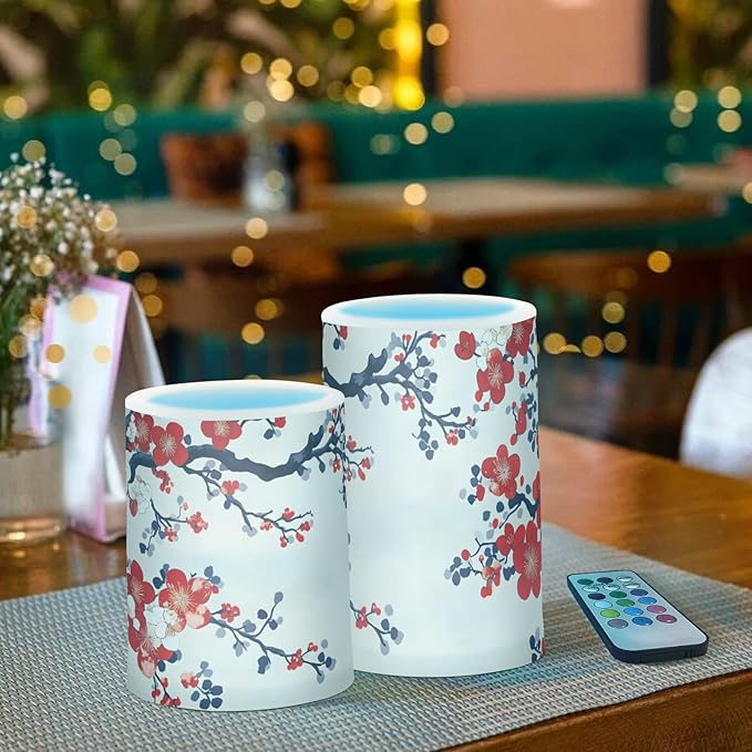 ALAZA Chinese Art Cherry Blossom Flickering Flameless Candles Battery Operated with Remote Timer,Tea Light Candles LED Pillar Votive Candles Set of 2 for Outdoor Indoor Decorations