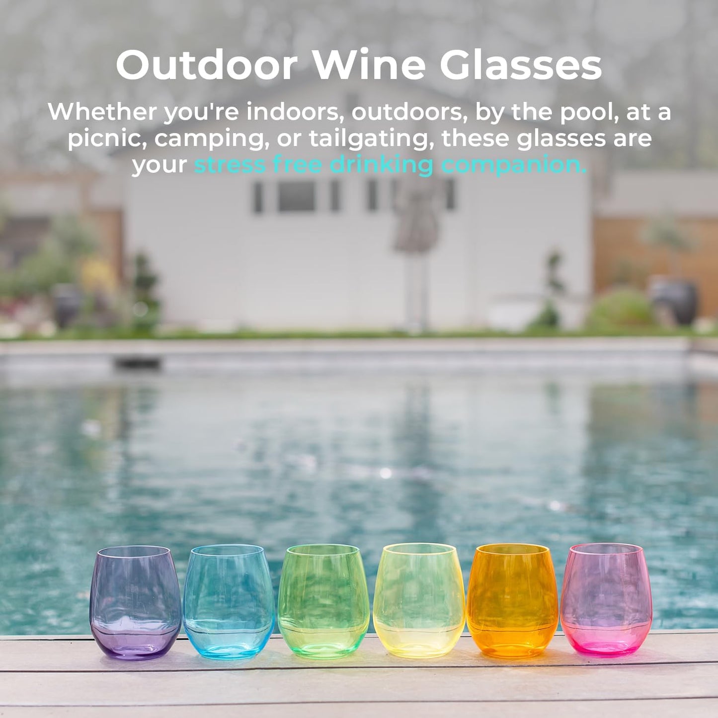 Acrylic Colored Wine Glasses Set of 6 BPA-Free Plastic, Tritan & acrylic Stemless wine glasses- Dishwasher Safe Unbreakable Glass for Indoor & Outdoor Plastic Glass for Wine & Water(Bright)