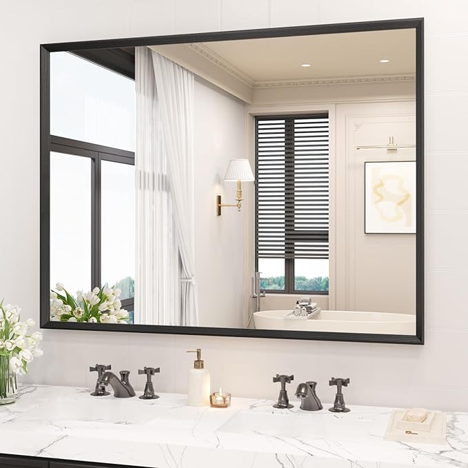 Rectangle Bathroom Mirror 40x30 Inch, Matte Black Framed, 4MM Tempered Glass, Anti-Rust, Wall-Mount Vanity Mirror for Bathroom & Bedroom, Hangs Horizontally or Vertically