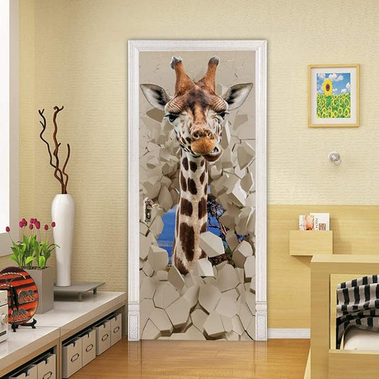 Door Wallpaper Self-Adhesive Door Poster 3D Door Picture Giraffe Door Film Photo Wallpaper Premium PVC Waterproof Door Sticker Wall Sticker for Bedroom Living Room Door Decoration Stickers 80 x 200 cm