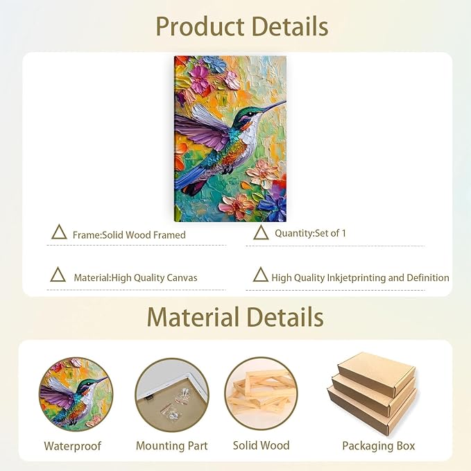 2D No Texture Colorful Painting Hummingbird Canvas Wall Art, Spring Flower Wall Decor, Hummingbird Picture for Wall Living Room Bathroom Bedroom Home Decoration 12*18 in (Stretched Canvas on A Wooden Frame)