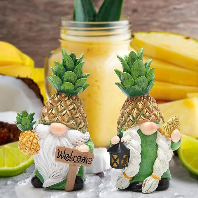 Hodao Gnomes Decorations for Home, Summer Fall Resin Pineapple Gnome Figurines, Pineapple Themed Gift for Loved Ones, Perfect Indoor Outdoor Decor for Home Tabletop Garden Yard - 2 Pcs