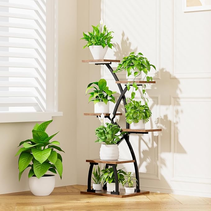 JUSTOGO Plant Stand Indoor with Grow Lights - 6 Tiered Plant Shelf Indoor, 36“ Corner Shelves for Plants Multiple, Metal Curved Flower Holder Display Rack for Patio, Balcony, Home Decor
