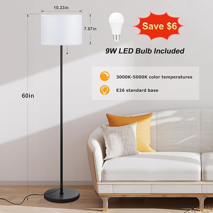 Ambimall Floor Lamps for Living Room with 3 Color Temperatures Bulb & Pull Chain Switch, 60" Modern Standing Floor Lamp for Bedroom Kids Room Study Room（White Shade & Black Pole）