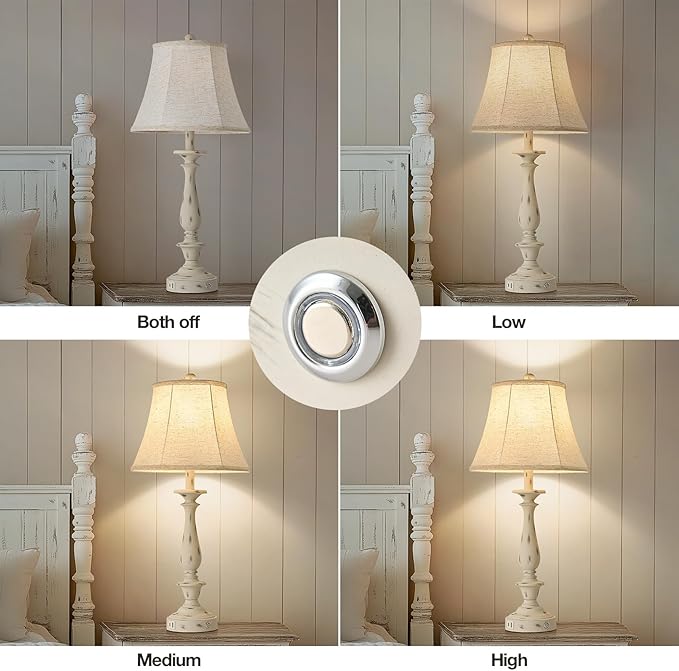 AIDENOEY 28.5" Traditional Table Lamp Set of 2, Rustic Farmhouse Table Lamps for Living Room Bedroom, Bedside Desk Lamps Vintage Nightstand Lamps with Silk Fabric Shades, Distressed White