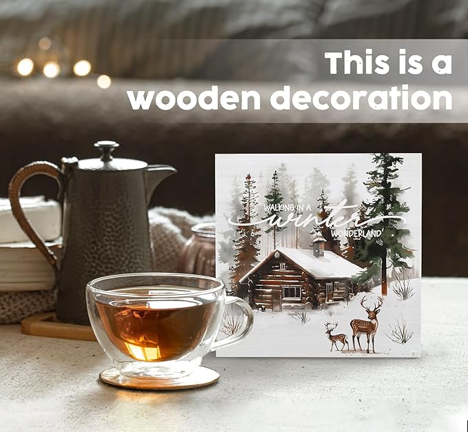 Winter Sign, Winter Christmas Reindeer Wooden Box Sign, Farmhouse Xmas Decorations, Wonderland Decorations, Christmas Wood Signs for Home Office Desk Table Shelf Decor, 8x8 Inch