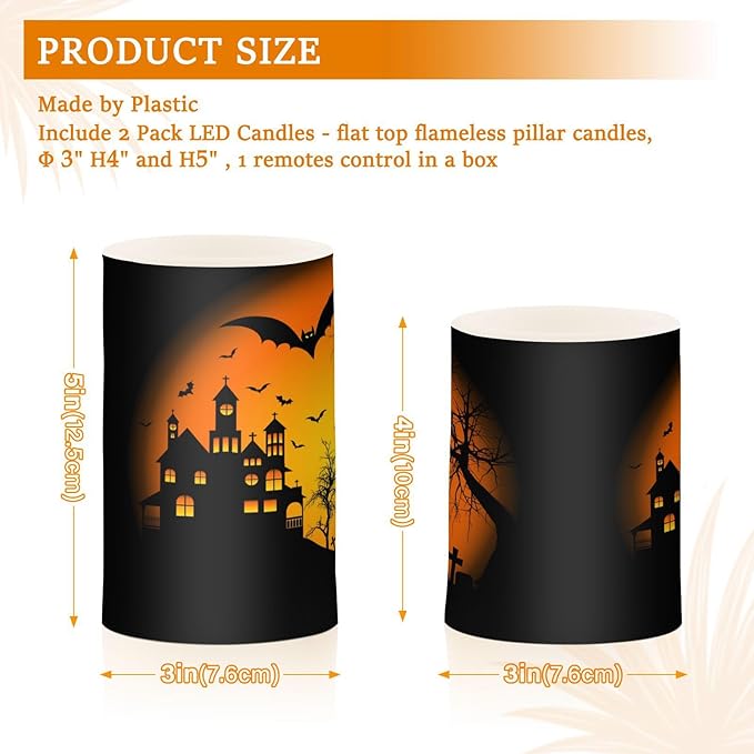 ALAZA Orange Halloween Castle Bat Flickering Flameless Candles Battery Operated with Remote Timer,Tea Light Candles LED Pillar Votive Candles Set of 2 for Outdoor Indoor Decorations 14