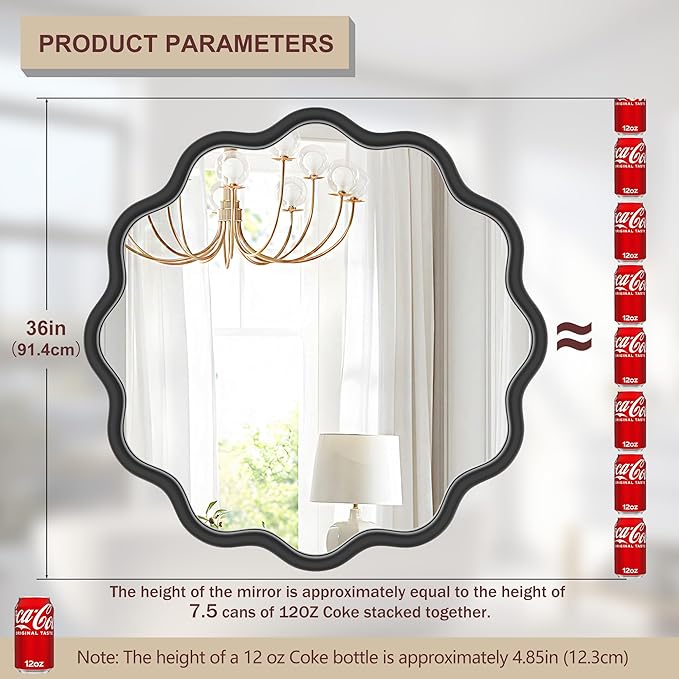 PROHOMEWARE Black Round Mirror 36 Inch Wavy Bathroom Vanity Mirror Black Frame Modern Wall Mirror Decorative Wall-Mounte Anti-Rust, Tempered Glass