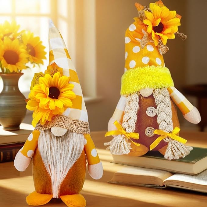 Gnome Sunflower Decor, Summer Spring Fall Gnomes Decorations for Home, Cute Sunflower Gnome Dolls as Thanksgiving Harvest Festival Kitchen Table Ornament, August Gnomes Gifts for Women