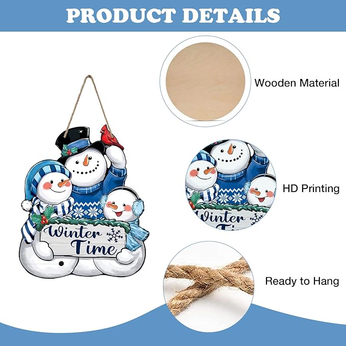 Winter Time Snowman Blue Front Door Sign, Cardinal Red Bird Wood Door Hanger Outdoor Outside Porch Decor, Christmas Seasonal Wooden Wreath Indoor Wall Hanging Decoration