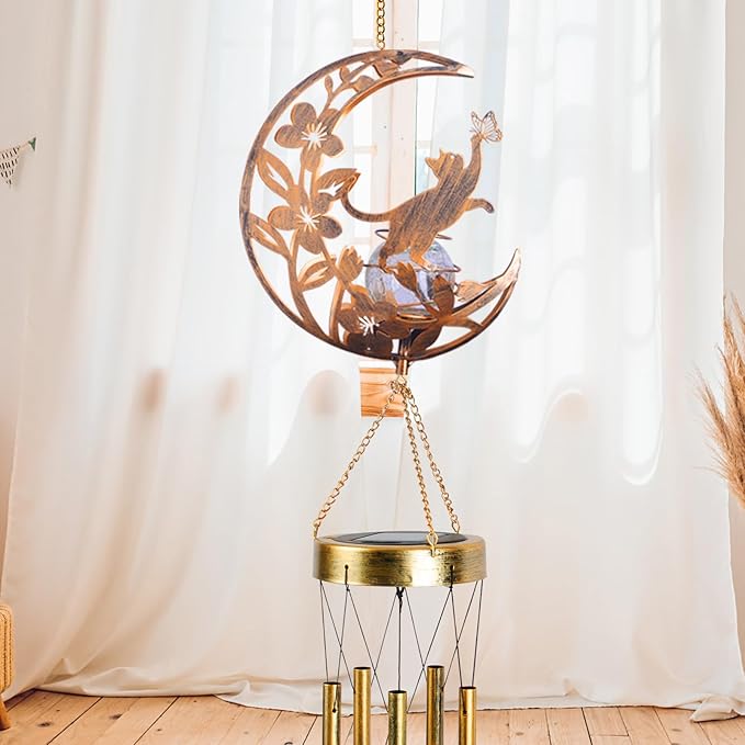 Cat Memories Wind Chime for Outside - Moon Design, Handcrafted Aluminum Wind Chimes for Garden Decor, Soothing Wind Bells for Porch/Patio, Perfect Housewarming/Birthday Gift for Women & Cat Owners