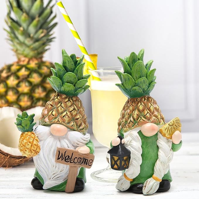 Hodao Gnomes Decorations for Home, Summer Fall Resin Pineapple Gnome Figurines, Pineapple Themed Gift for Loved Ones, Perfect Indoor Outdoor Decor for Home Tabletop Garden Yard - 2 Pcs
