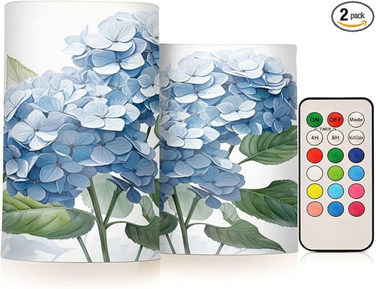 ALAZA Blue Hydrangea Flowers Flickering Flameless Candles Battery Operated with Remote Timer,Tea Light Candles LED Pillar Votive Candles Set of 2 for Outdoor Indoor Decorations