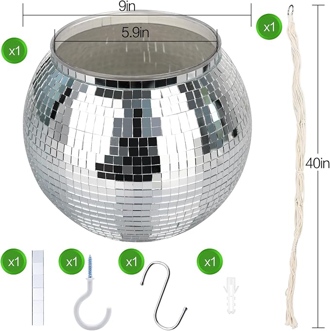Disco Ball Planter, 1pcs 9” Silver Disco Ball Planter, Disco Ball Plant Hanger with Hanging Rope, Hanging Chain, Hook, Circle and Extra Mirror Pieces(9" Silver, 1pcs)