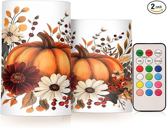ALAZA Thanksgiving Pumpkin Fall Autumn Flickering Flameless Candles Battery Operated with Remote Timer,Tea Light Candles LED Pillar Votive Candles Set of 2 for Outdoor Indoor Decorations