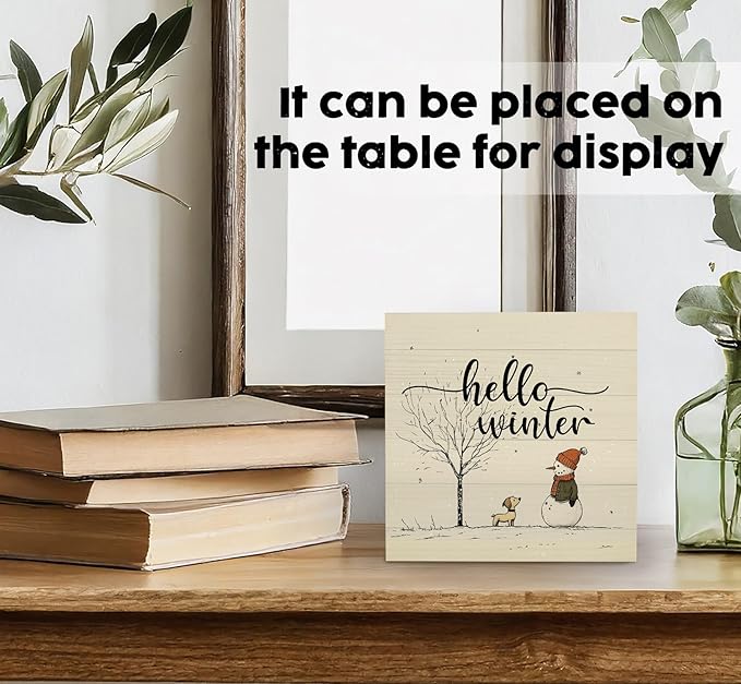 Hello Winter Sign, Winter Decorations for Home, Christmas Snowman Snowflake Wooden Box Sign, Snowman Christmas Wood Signs for Home Office Desk Table Shelf Decor, 5x5 Inch